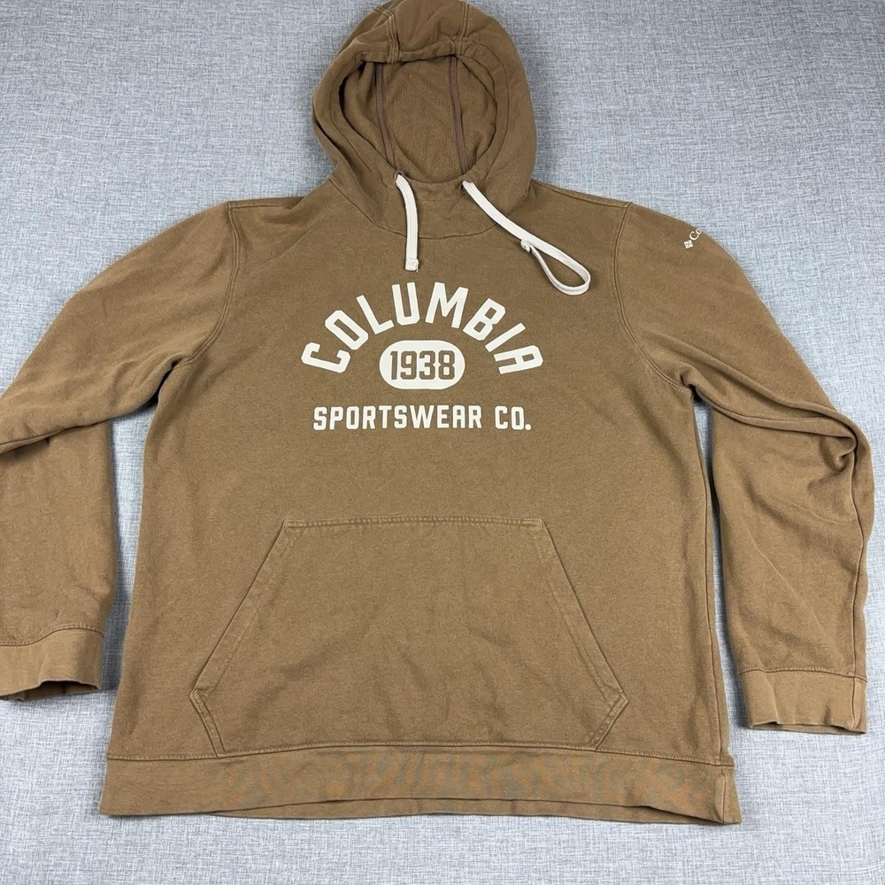 Columbia Hoodie Sweatshirt Mens L Brown Pullover 1938 Kangaroo Pocket Logo